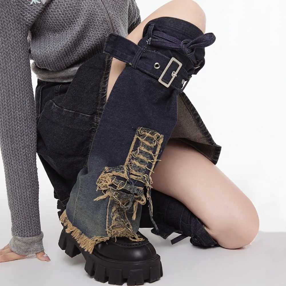 

Fashion Cross Y2K Denim Leggings Star Bell-bottoms Band Belt Leg Warmers Tassel Foot Cover Women's Stockings Autumn