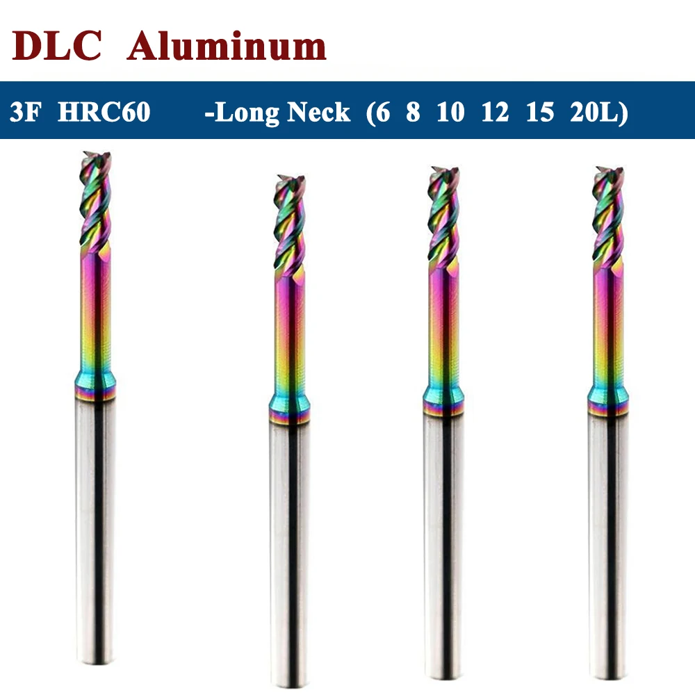 Carbide End Mill HRC60 3Flute Tungsten Milling Cutter Cnc Router Long Flute Endmills 1mm 1.5mm 3mm Seven Colors for DLC Aluminum