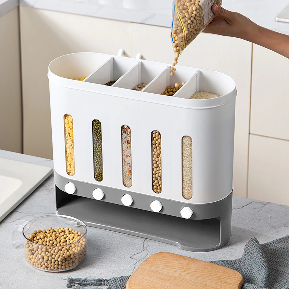 

5 In 1 Wall Mounted Cereal Dispenser Free Control Of Output Dry Food Storage Box For Kitchen Grain Rice Bean Oatmeal