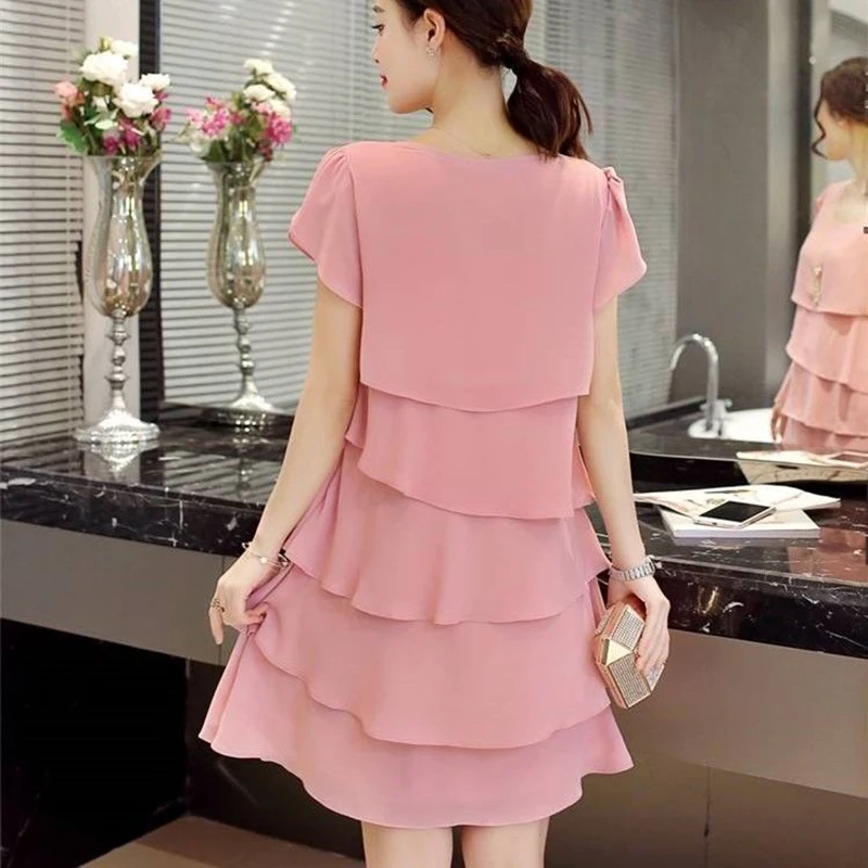 2025 Dress For Women Summer Wave Cut Ruffle Sweet Solid Short Sleeve Slim Dresses Lady Casual All-match Vestido O-Neck Chiffon