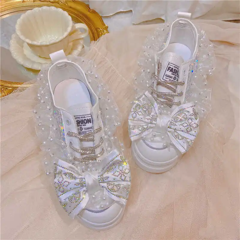 Summer Breathable Lace Single Shoes Water Diamond Bow Sweet Little White Shoes