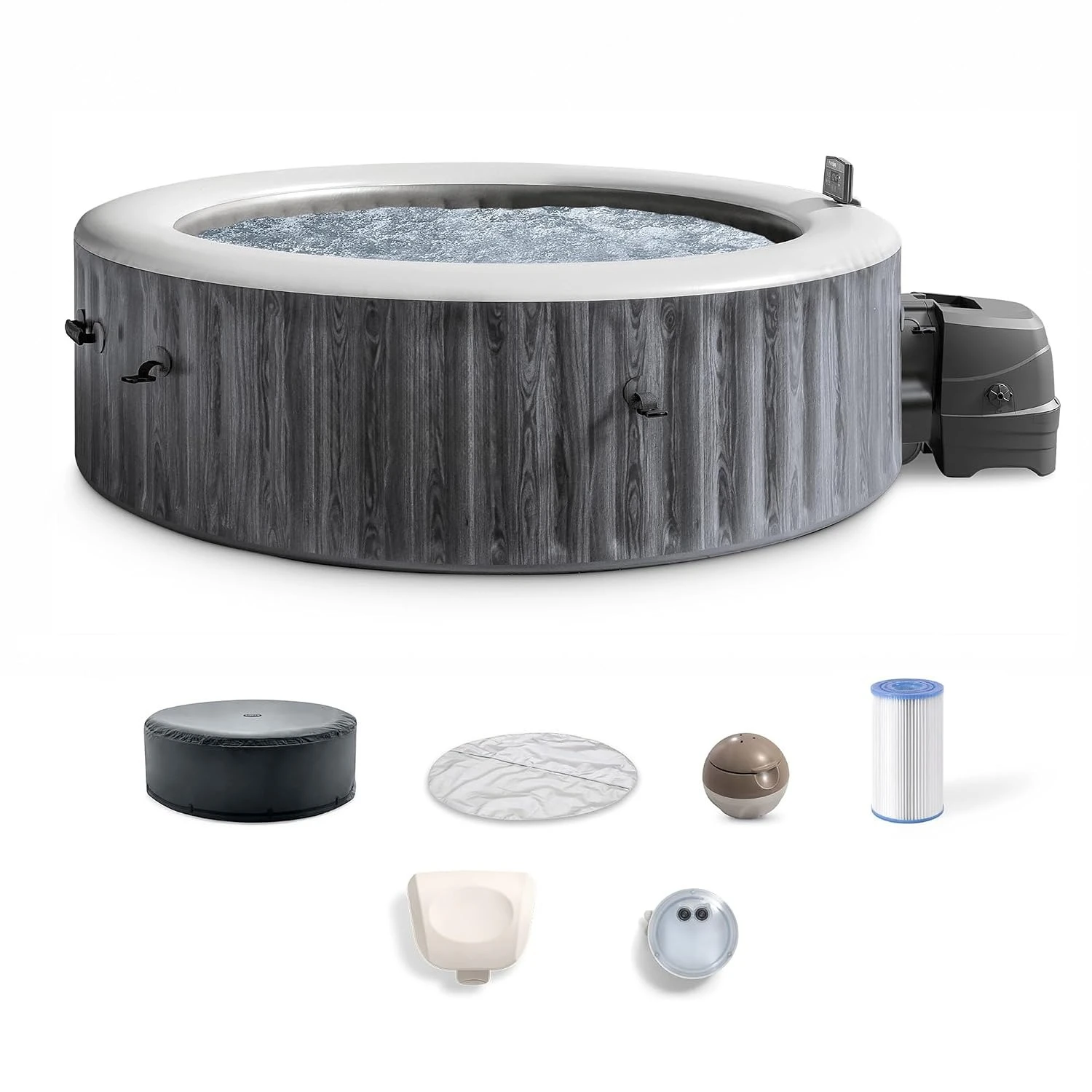 6 Person Inflatable Hot Tub with Energy-Efficient Spa Cover | 28441EH Greywood Deluxe: Built-in Hard Water, Custom