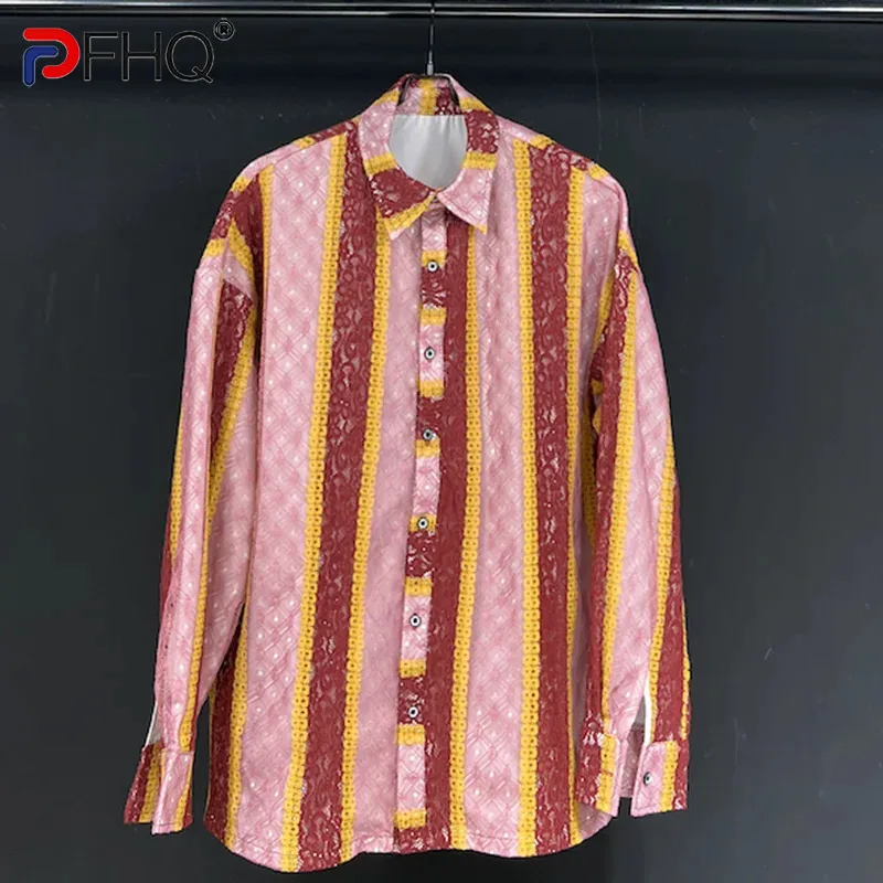 

PFHQ Design Shirt Pink Striped Stitching Spring 2024 Niche Design Long Sleeves Contrast Color Single Breast Male Tops 21Z5852