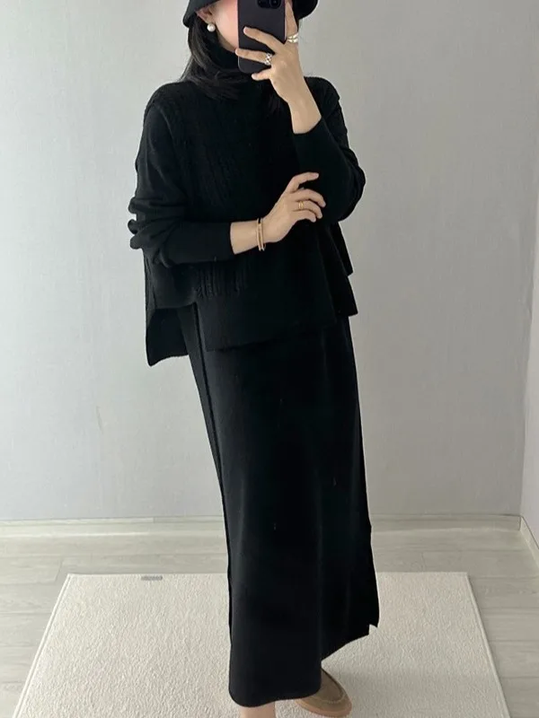 Retro Twist Knitted High Collar Women's Vest Dr Sweater Set Versatile Outerwear Top Chic Ensemble for Young Women