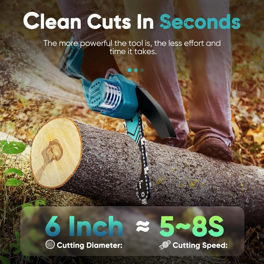 6-Inch Mini Chainsaw, Cordless with 2 Batteries, Portable for Wood Cutting and Tree Trimming, Ideal Gift for Men in Blue