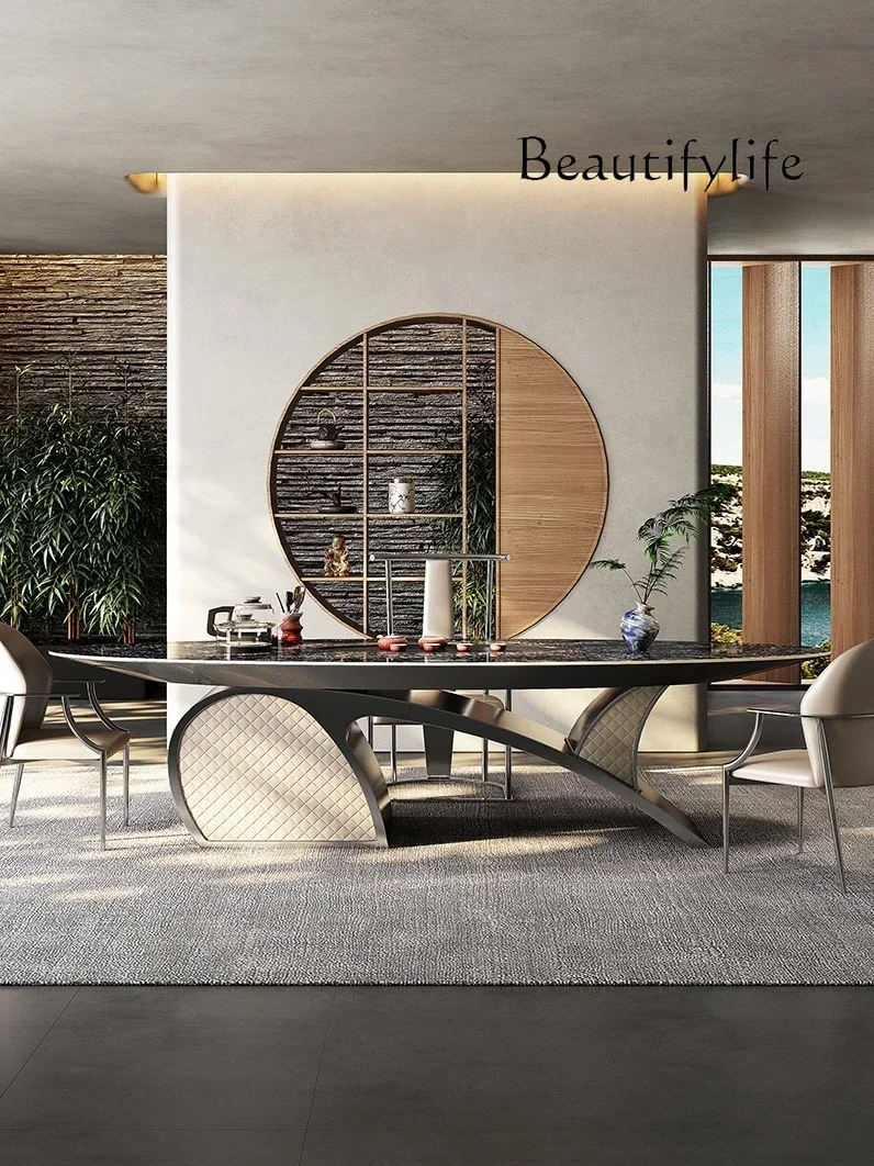 BJ Combination Light Luxury Oval Large Board Tea Table Simple Tea Table High-end Luxury Stone Rock Slab Tea Table And Chair