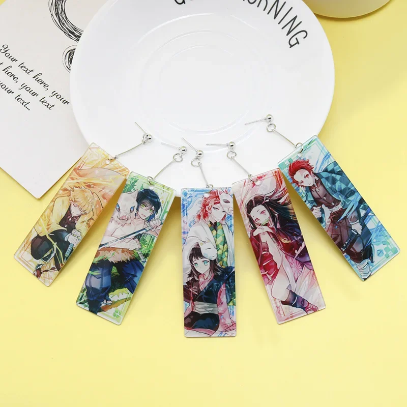 Fashion Acrylic Tanjiro Earrings Demon Slayer Earrings Anime Cosplay Props Hanafuda Drop Long Earrings for Women Girls Jewelry