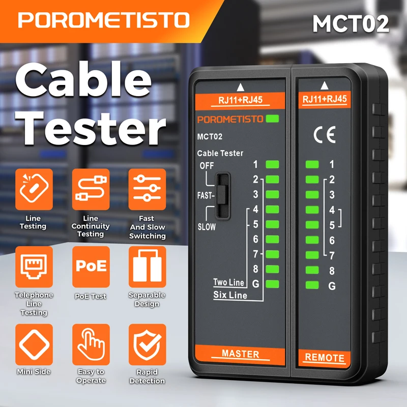 

RJ45 RJ11 Network Cable Tester with Live PoE Test (≤60V), LED Display for Continuity, FAST/SLOW Modes, Detachable Remote Unit for Open/Short Fault, MCT02 Ethernet Telephone Wire Tracker for Cat5/Cat6/Cat7 Shielded/Unshielded Cables, Professional Tool
