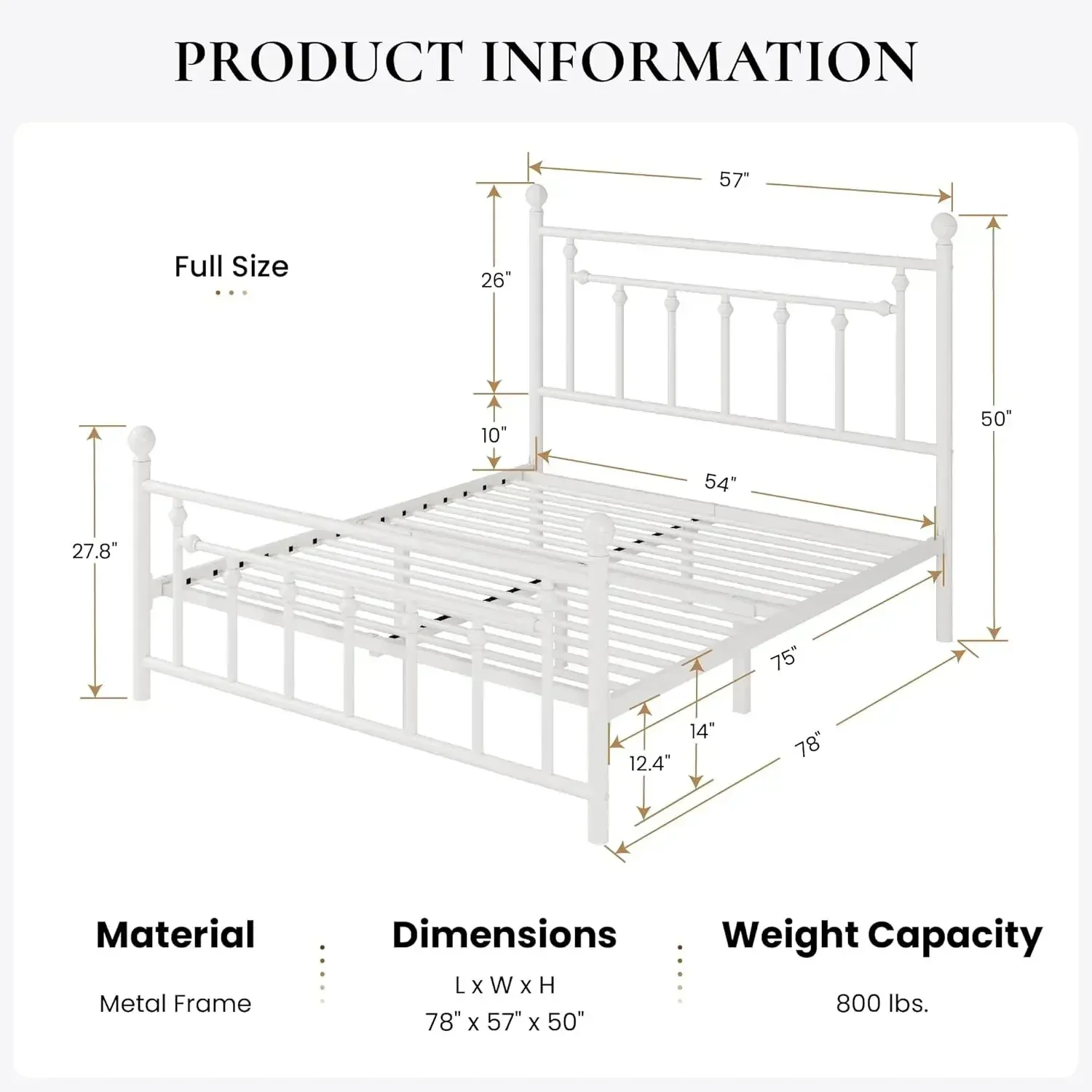 Estrutura de cama com plataforma de metal de tamanho completo de 14 ''/cabeceira e estribo vitoriano/base de colchão de ripas de aço para armazenamento/sem caixa Spr