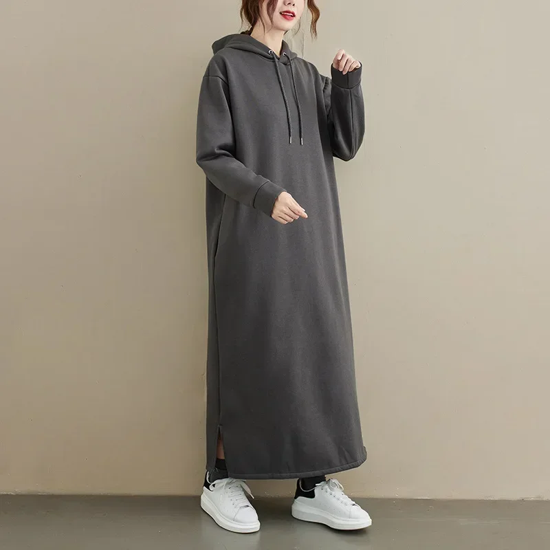 Autumn Winter New Dress Women Fashion Long Sleeve Loose Hooded Pullover Dress Women Cotton Clothes