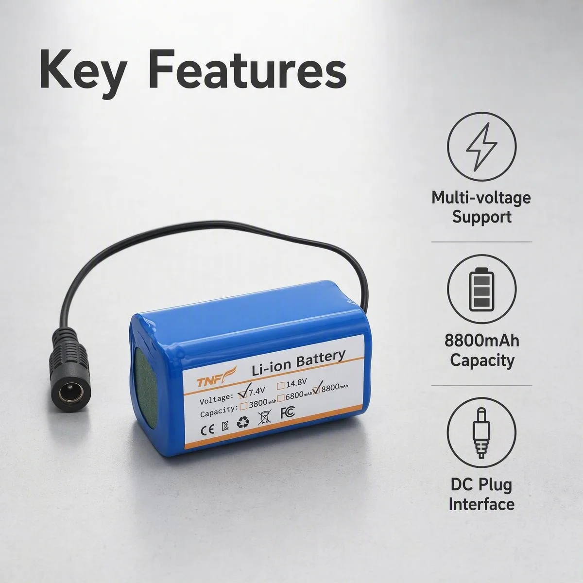 New 7.4V 14.8V Rechargeable Li-ion Battery Pack  6800mah 8800mAh High Capacity with CE FC Safety Certified for DIY Electronics