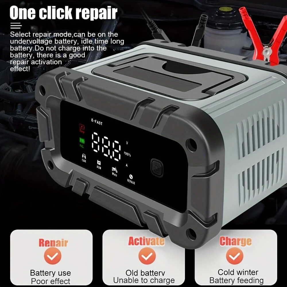 E-FAST Car Battery Charger 10A/6A/5A Fully Automatic Battery Charger 2V/24V Car Motorcycle Level 7 Charging Pulse Repair Tools