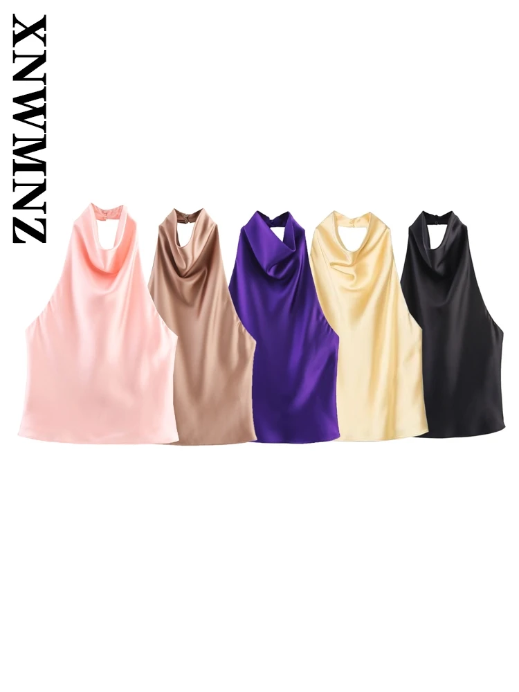 

XNWMNZ 2025 Summer Woman European and American Halter Collar Satin Blouses Pullover British style Woman's Top Sleeveless Vest