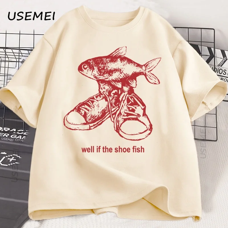 Shoe Fish Cursed T-Shirt Y2K Tees Funny Weirdcore Tee Y2K 90s Retro Graphic T Shirt Cotton Short Sleeve Men's Clothing Tees