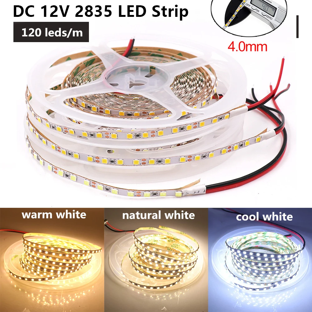 Flexível LED Strip Light para TV Backlight, fita fita, única linha, PCB, SMD 2835, 3mm, 4mm, 8mm de largura, 120LEDs, DC 5V, 12V, 24V