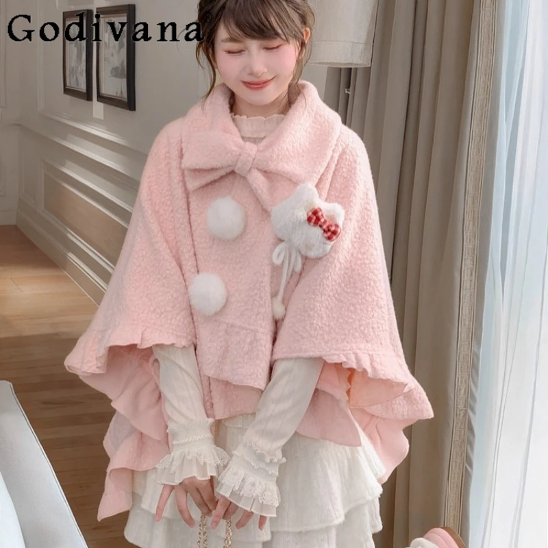 الحلو الوردي لوليتا معطف الصوف للنساء النمط الياباني Bowknot تصميم فضفاض الرؤوس الإناث الشتاء القوس طوق التخسيس العباءات