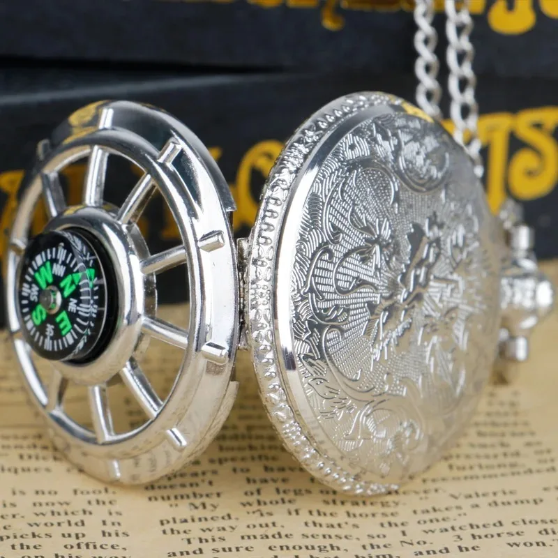 Exquisite Compass Design Vintage Hollow Skeleton Pocket Watch Black Starry Round Dial Antique Pendant Clock Gifts for Women Men