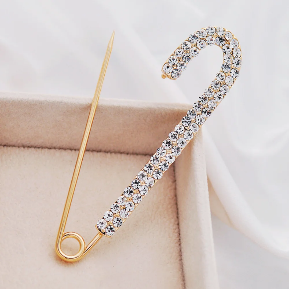 Luxury Metal Pin Rhinestones Brooches Gold Color Silver Jeans Buckle Large Zircon Safety Pin Shawl
