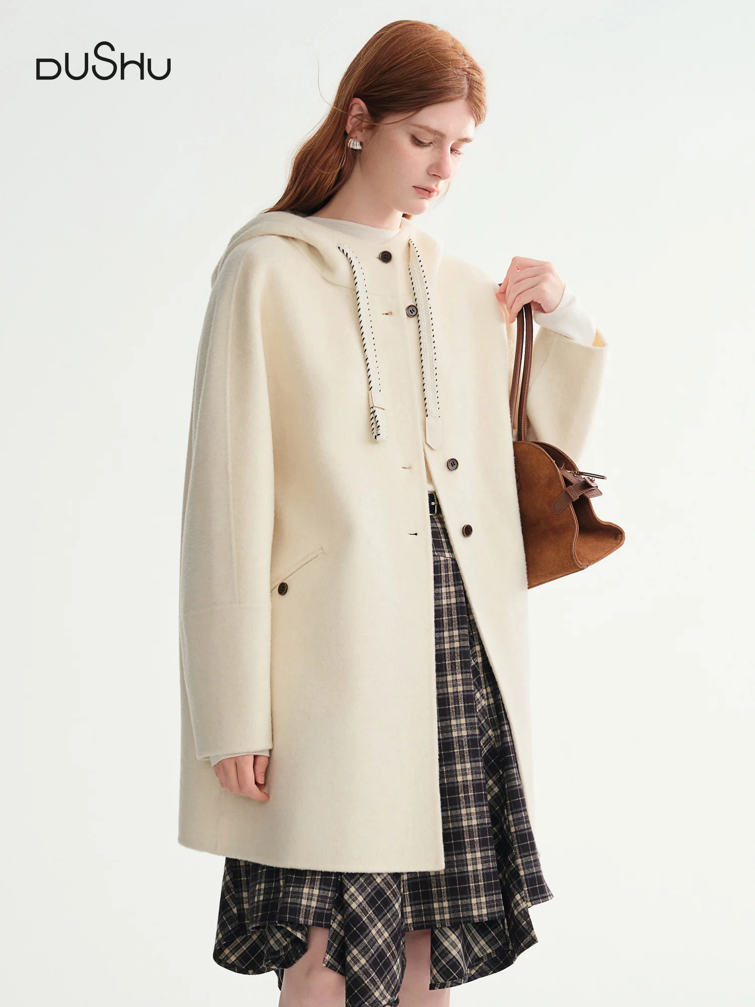 DUSHU Casual Japanese Style Slim Drawstring Hooded Wool Coat Solid Simple Ins Preppy