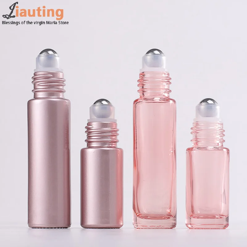 1PCS Glass Roll On Bottle 5/10ml Pink Roller Bottle Essential Oil Lip Gloss Refillable Tube Empty Jar Glass Perfume Bottle