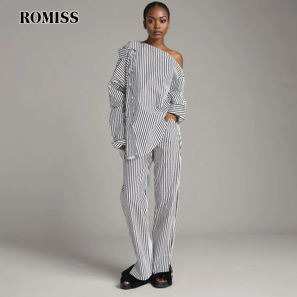 

ROMISS Striped Two Piece Sets For Women Lapel Long Sleeve Single Breasted Shirts Hit Color Loose Pant Hollow Out Set Female New