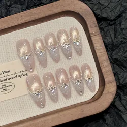 10pcs Handmade Press On Nails Shiny Sequins Rhinetone Decor False Nail Patches For Women Girls Ins Simplicity Almond Fake Nails