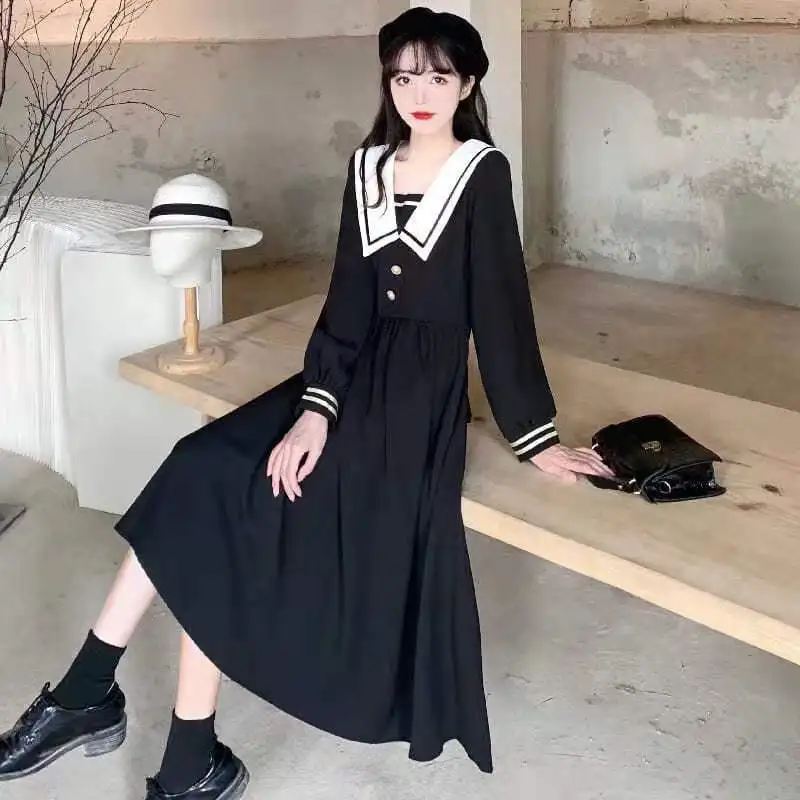 College Style Navy Collar Waist Cinching Loose and Slimming Dress New Japanese Sailor Suit Long Skirt