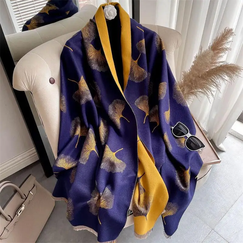 

Blue Thick Cashmere Blanket Women Scarf Warm Pashmina Shawl Winter Wraps Bufanda Leaf Print New Design Poncho Echarpe Female