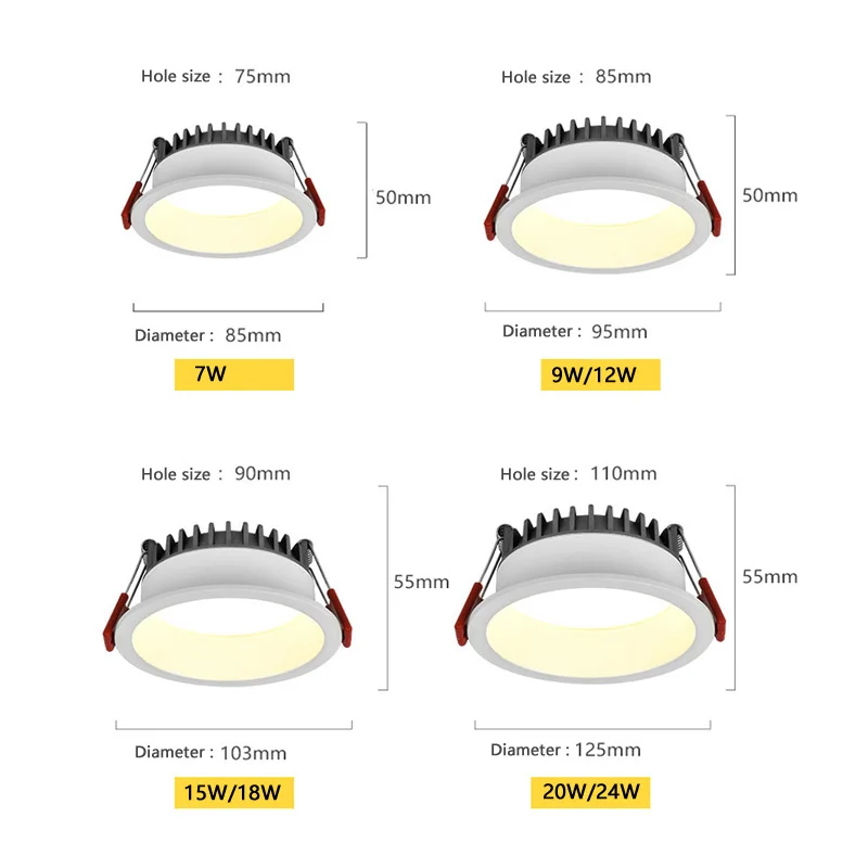 Imagem -06 - Regulável Anti Brilho Recessed Led Downlights7w 9w 12w 15w Luzes do Ponto de Teto Ac85 Ac85 265v Lâmpadas de Fundo Iluminação Interior