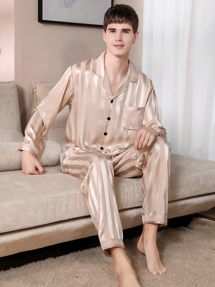 

New Nightwear Men's Striped Mulberry Silk Long Sleeve Thin Set Home Clothes