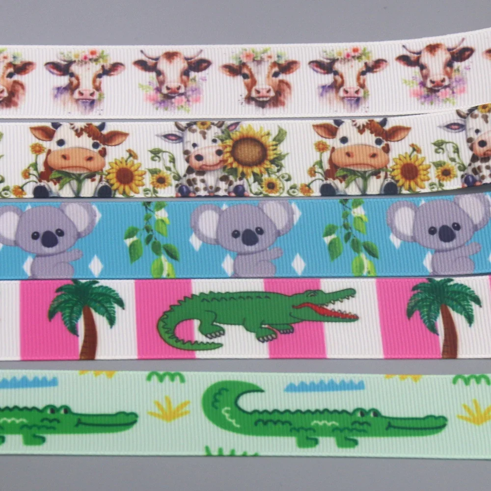 DUWES 50yards Crocodile Sloth Cow Printed Grosgrain Ribbon Accessories Material Headwear Decoration DIY Sewing Craft D2303