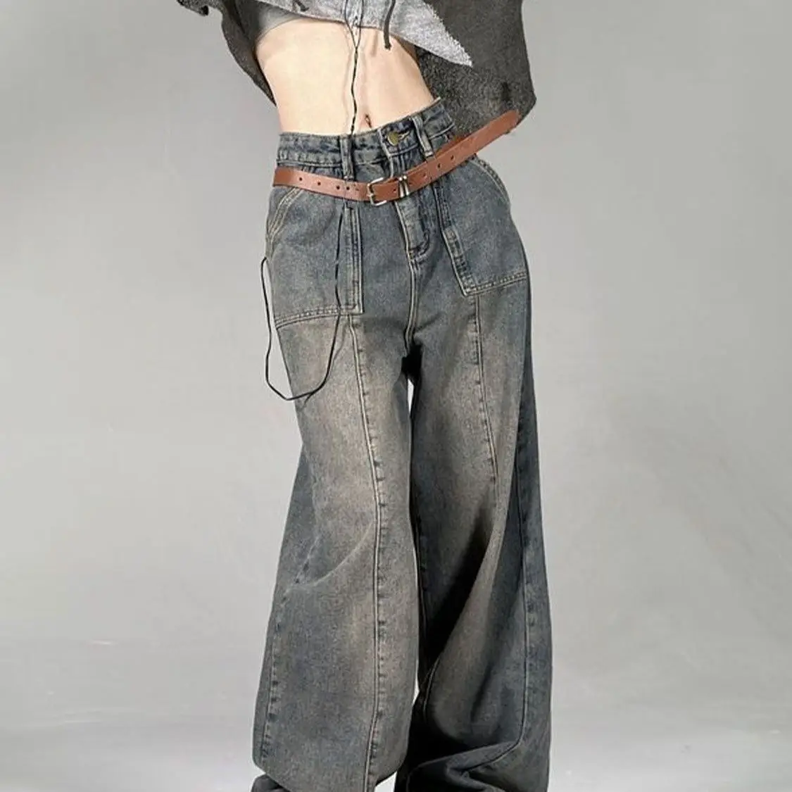 Street American retro made wide leg personalized jeans women slimming design high street loose straight leg casual pants y2k