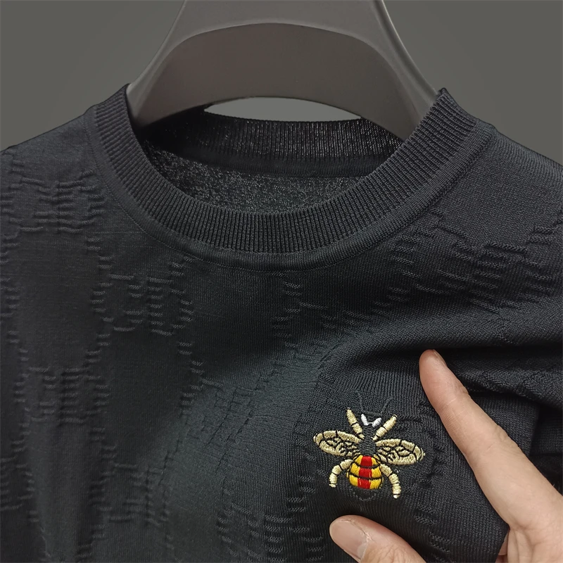 Men\'s Summer New Ice Silk Short Sleeve Exquisite Embroidery O-Neck Pullover T-Shirt Seamless Casual Breathable Top Men\'s Wear