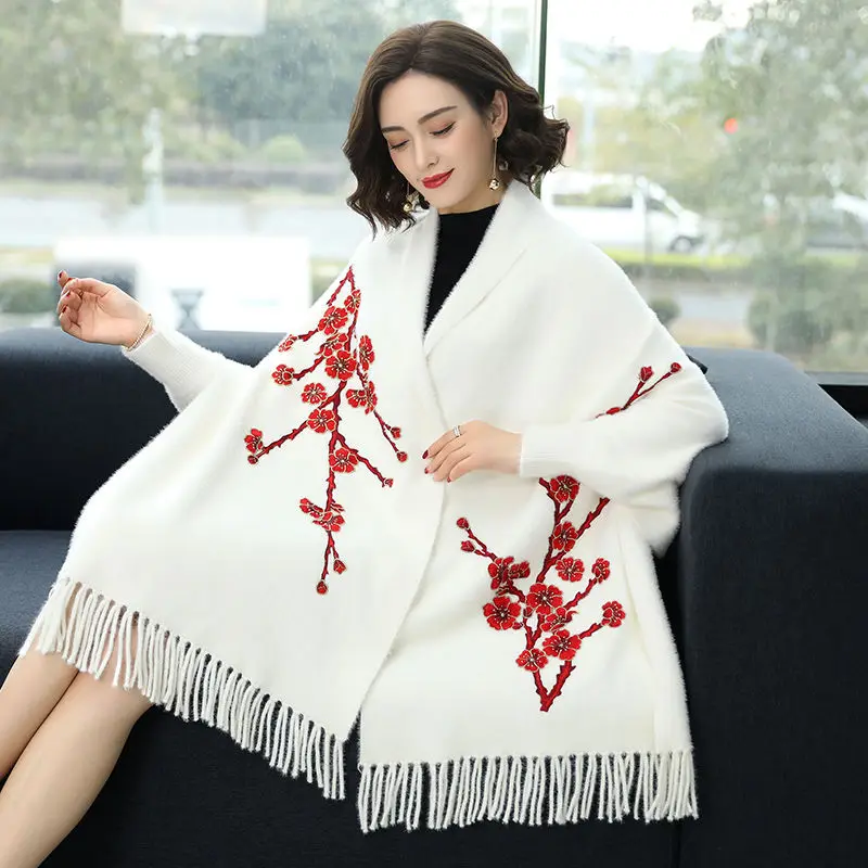 

Mink velvet poncho autumn and winter plum embroidery sleeved shawl women retro cheongsam full sleeve cape cloak cardigan female