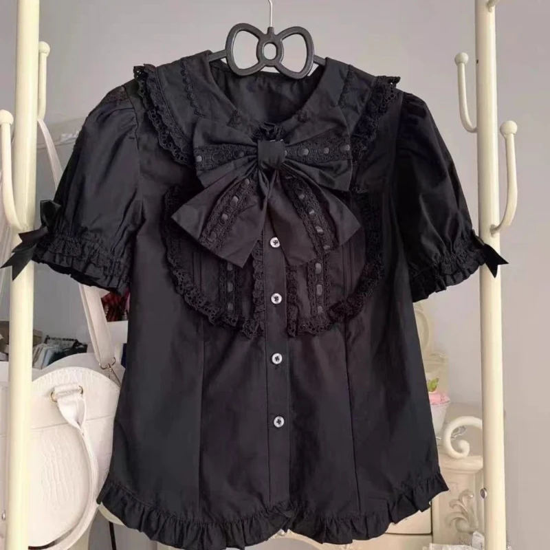 2025 nuevas camisetas de verano con mangas abullonadas y lazo, diseño Kawaii de encaje ajustado con solapa, blusa encantadora para mujer, Tops japoneses dulces de moda