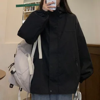 HOUZHOU Vintage Black Jacket Women Streetwear Oversized Fashion Windbreaker Hooded Zip-up Jackets Korean Autumn Clothes Harajuku