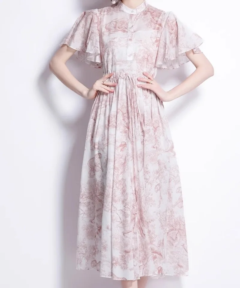 

Vintage Printed Women Dress Bodycon Draw String Luxury Design Summer Holiday Elegant Vestidos O-neck Lace-up Womens Clothing