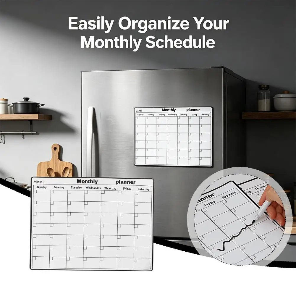 Calendrier magnétique effaçable à sec pour réfrigérateur, planificateur mensuel, tableau blanc, tableau de messages, bloc-notes, aimants pour réfrigérateur, décoration de cuisine