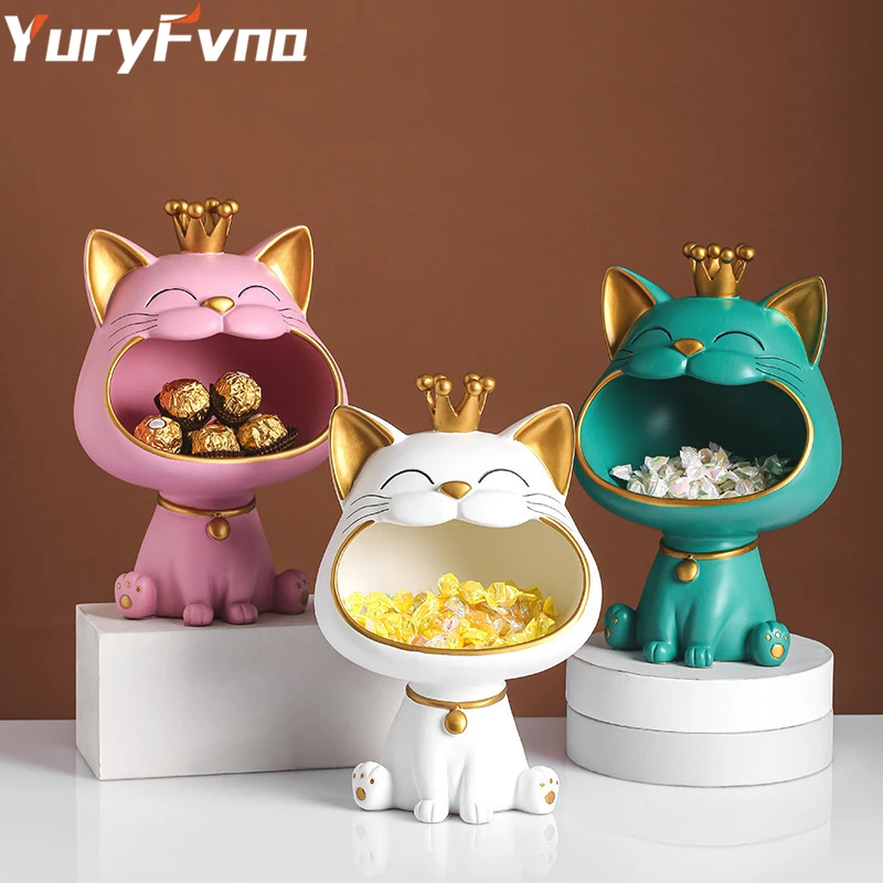 YuryFvna Resin Lucky Big Mouth Cat Storage Box Figurine Home Decor Sculpture Modern Art Ornamental  Candy Storage Accessories