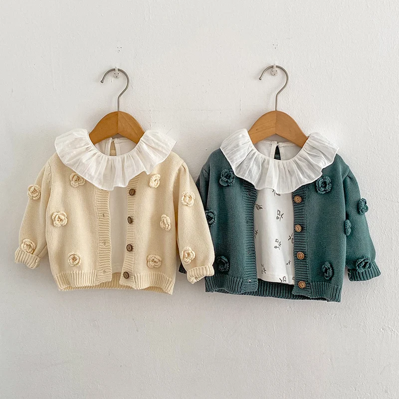 Autumn Winter Toddler Baby Girls Sweater Coat Solid Color Handmade Flower Newborn Baby Girls Knitting Cardigan Children Clothes