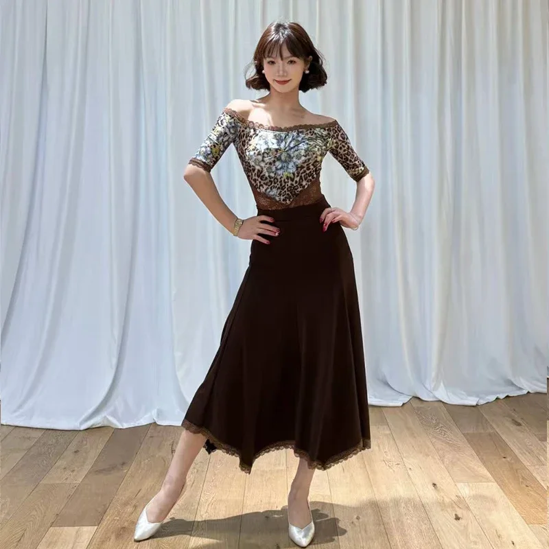 

New Off Shoulder Ballroom Dance Dress Women Performance Practice Costume Waltz Shorts Sleeves Bodysuit Long Skirt Set