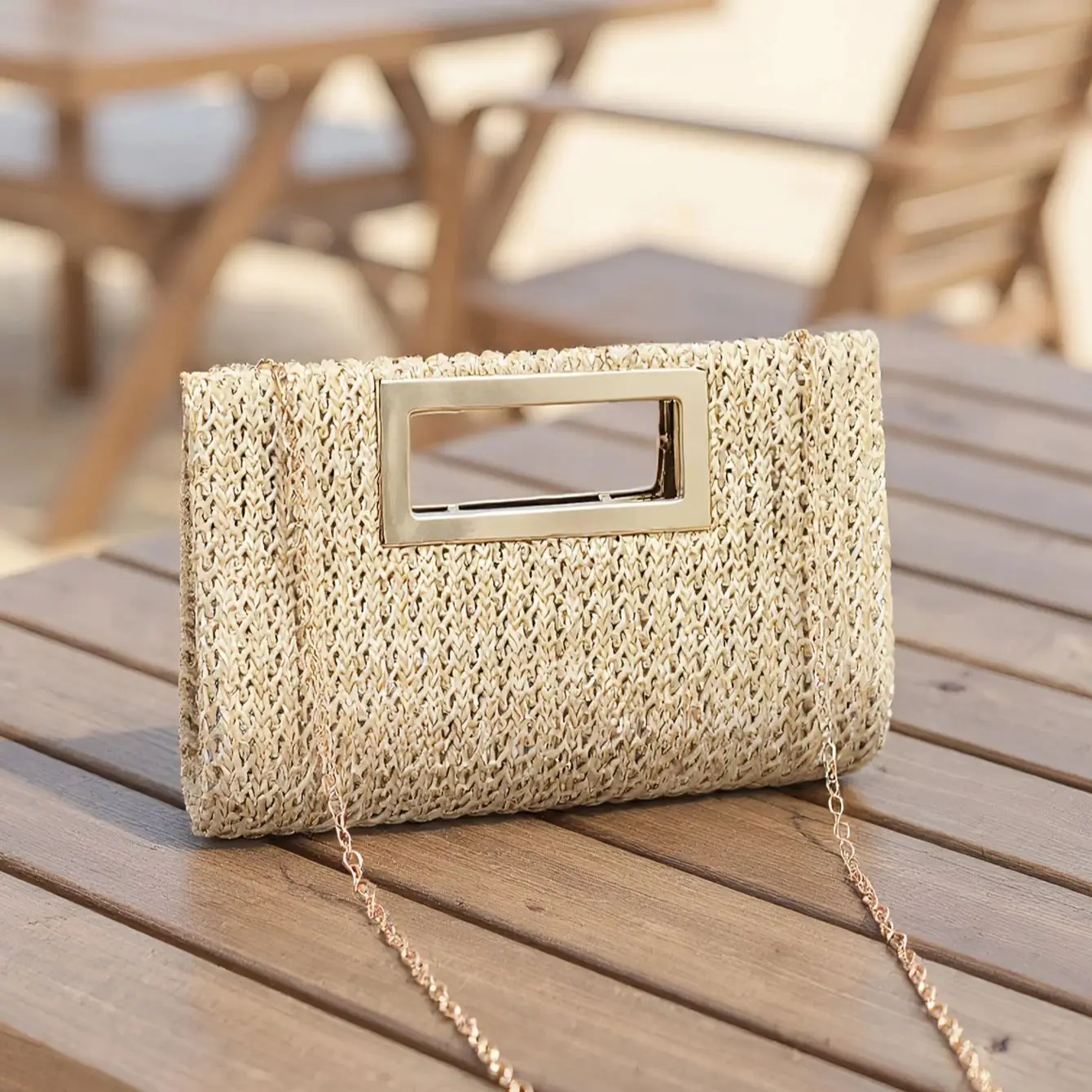 

Detachable Wristlet for Ladies Paper Straw Handbag Evening Bags Pearl Flip Cover Cosmetic Bag Beach Holiday Essential