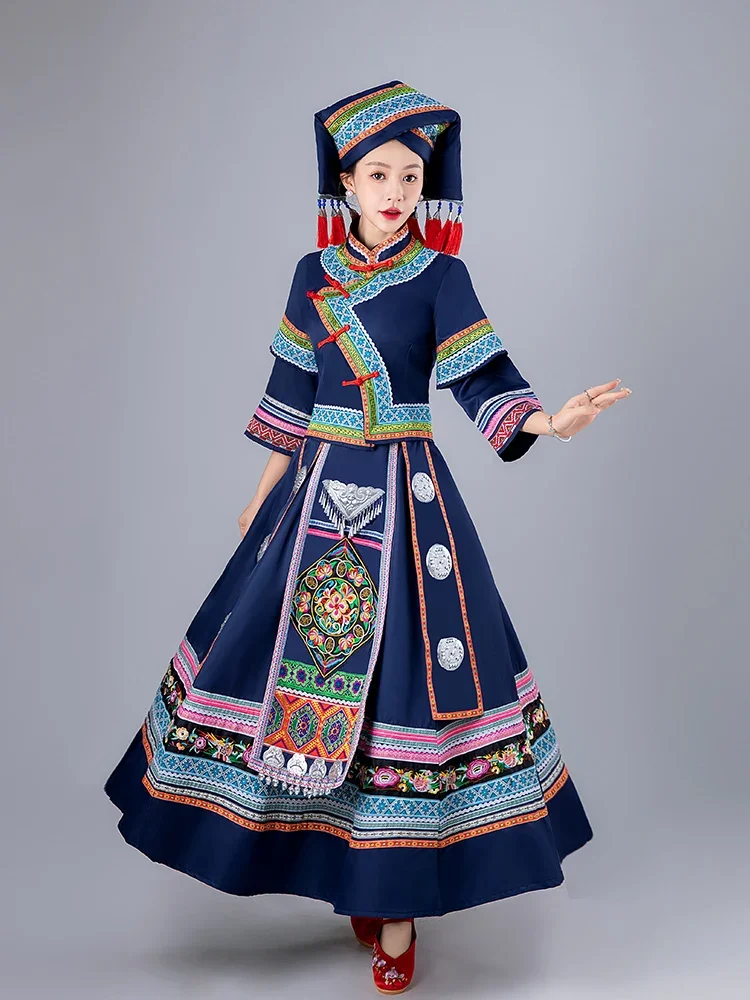 New March 3 Zhuang Guangxi Costume Adult Traditional Dress Performance Miao 3-piece Set