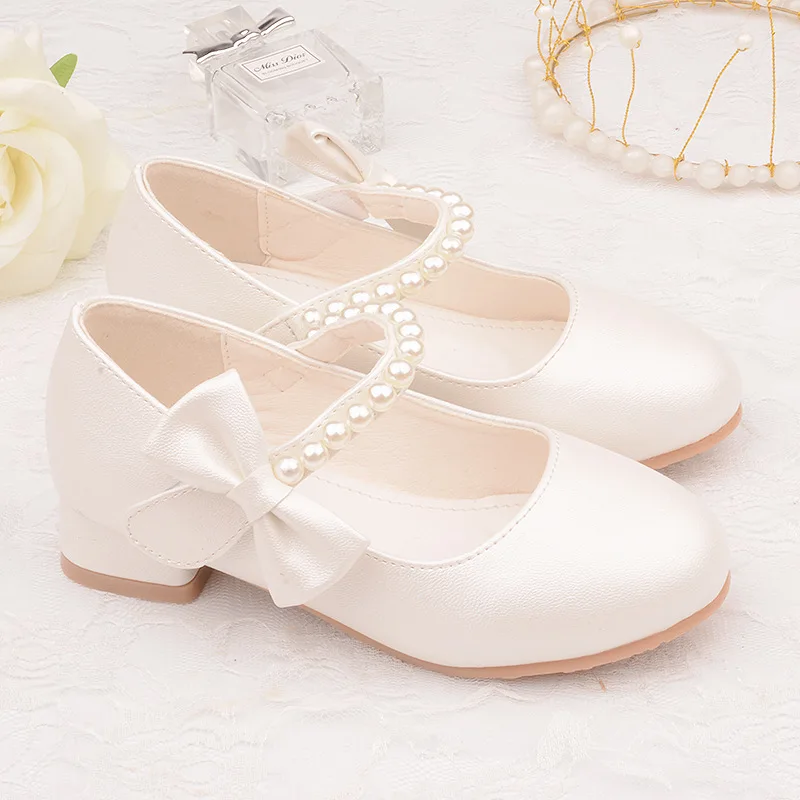 Spring Children\'s Leather Shoes White Bow Girls High-heeled Princess Shoes Fashion Simple Catwalk Pearl Shoes Size 26-38