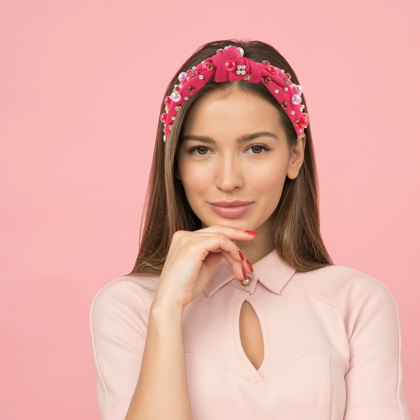 

Headband Pearl Rhinestone Embellished Hairbands Headbands for Women Rosy Knotted Man