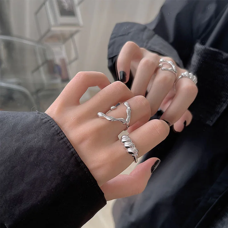 VENTFILLE 925 スターリングシルバー不規則な質感ツイストリング女性シンプルでユニークなデザインセンススムーズトレンドファッションパーティーカップル