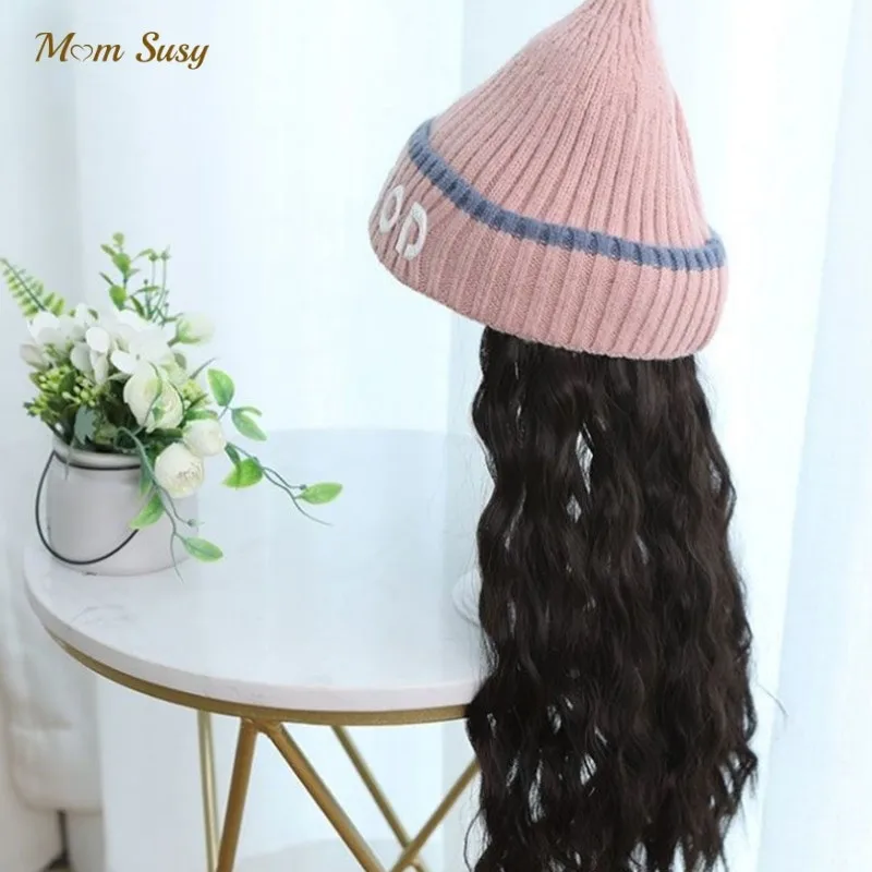 

Baby Girl Boy Knitted Hat Faux Curly Hair Winter Autumn Spring Warm Beanie Hat Outdoor Cap With Synthetic Hair Wigs 2-10Y