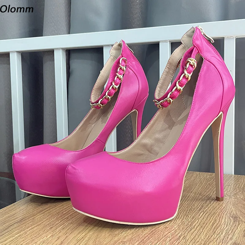 Olomm Handmade Women Pumps Ankle Strap Sexy Chian Stiletto Heels Round Toe Fuchsia Red Pink Party Shoes Ladies US Plus Size 5-20