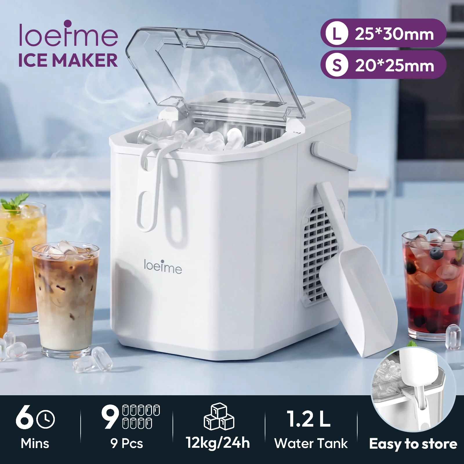 LOEFME Tragbare Eiswürfelmaschine für die Arbeitsplatte, Selbstreinigend, 9 Eiswürfel in 6 Minuten für Zuhause, Party, Büro