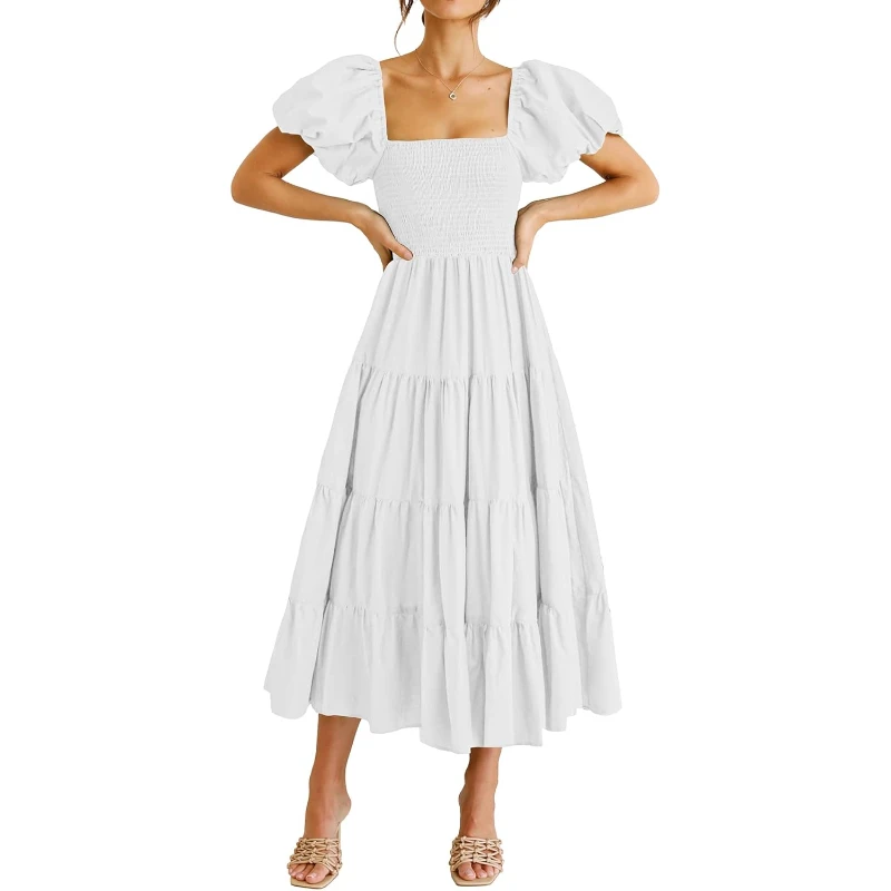 

Women's 2025 Summer Casual Midi Dress Puffy Short Sleeve Square Neck Smocked Tiered Ruffle Dresses